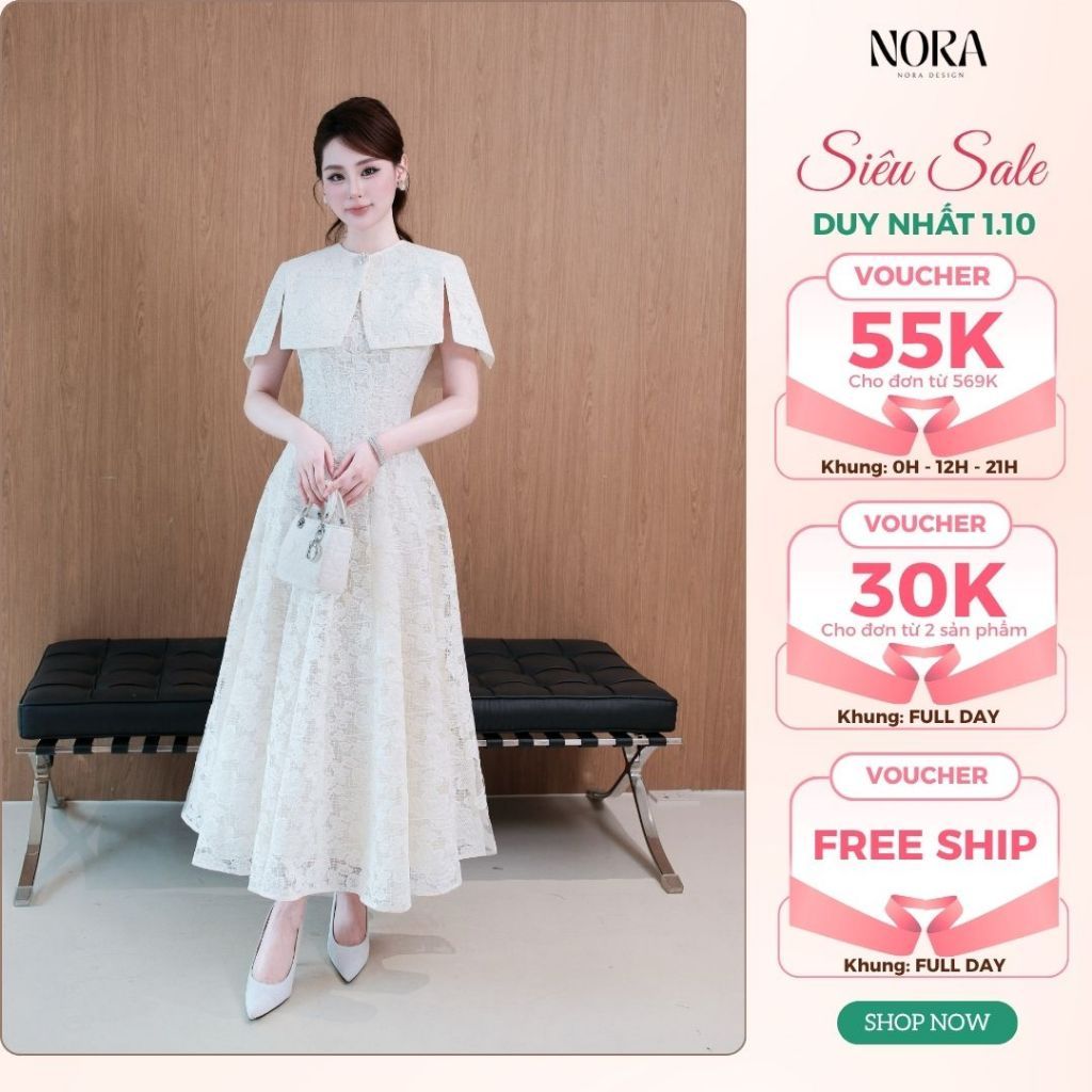 Set Váy Ren Dự Tiệc Tiểu Thư NORA, Đầm Dài Maxi Kèm Áo Choàng Cape Cài Cúc Ngọc Lót Lụa Sang Chảnh V1514