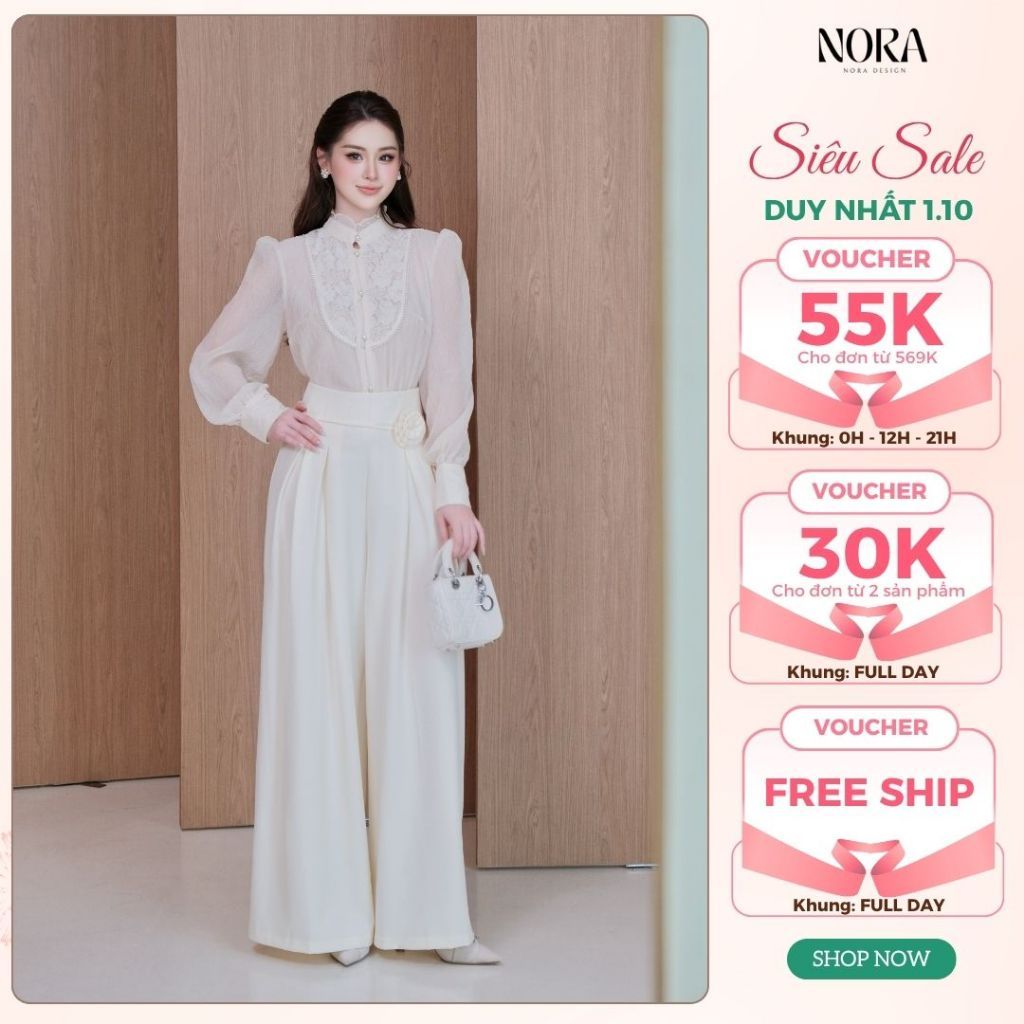 Set Quần Áo Công Sở Thiết Kế NORA, Áo Tơ Nhăn Phối Ren Cổ Tàu, Quần Ống Rộng Chất Gold Cao Cấp S1087