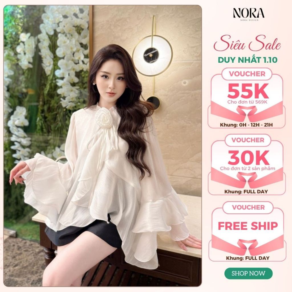 Set đồ tiểu thư thiết kế áo tơ cổ tròn đính hoa, tay phối loe nhiều tầng mix quần short tôn dáng Medechill S833