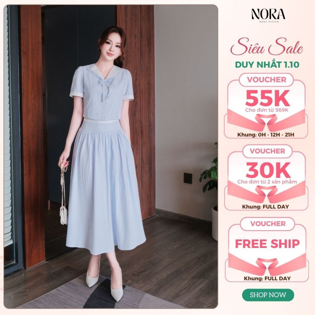 Set Váy Công Sở Chất Vải Thô Hàn Kẻ Xanh Phối Trắng NORA, Áo Cổ Thủy Thủ Kèm Chân Váy Dài Xòe Tiểu Thư S1097
