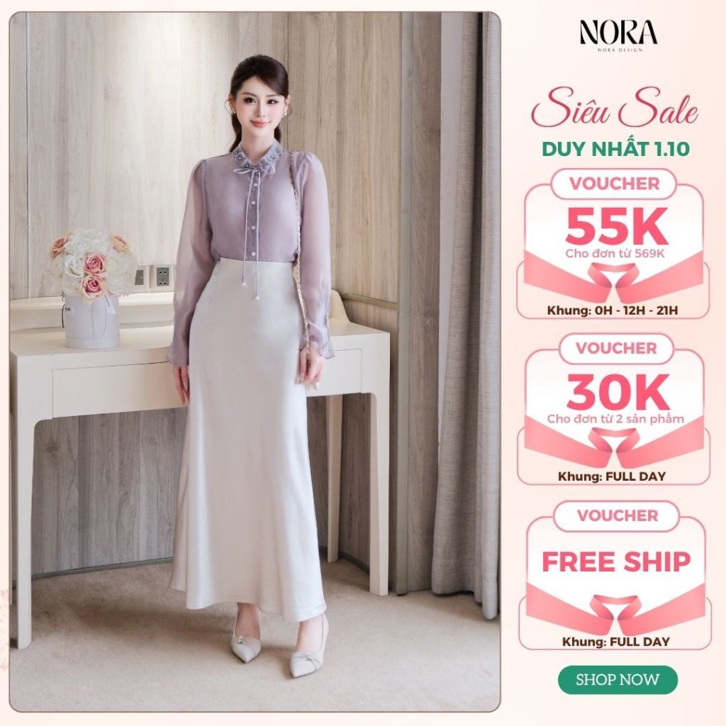 Set Công Sở Sang Chảnh NORA, Áo Sơ Mi Chất Tơ Cao Cấp Cổ Đính Hoa, Chân Váy Lụa Dáng Chữ A Thanh Lịch Tôn Dáng S1086