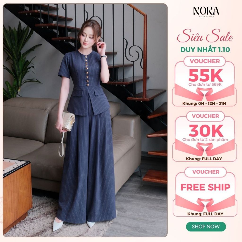 Set Bộ Công Sở Cao Cấp NORA, Áo Peplum Kẻ Sọc Kèm Quần Suông Ống Rộng Chất Tuytsi Lót Lụa Sang Trọng Đi Làm S1098