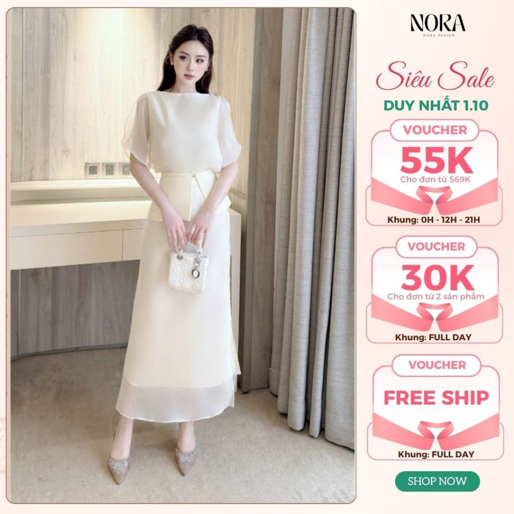 Set Đồ Thanh Lịch Chất Tơ Óng Hàn Lót Lụa NORA - Áo Cổ Thuyền Đính Tag Nổi Bật Phối Chân Váy Dài Xẻ Cạnh S928