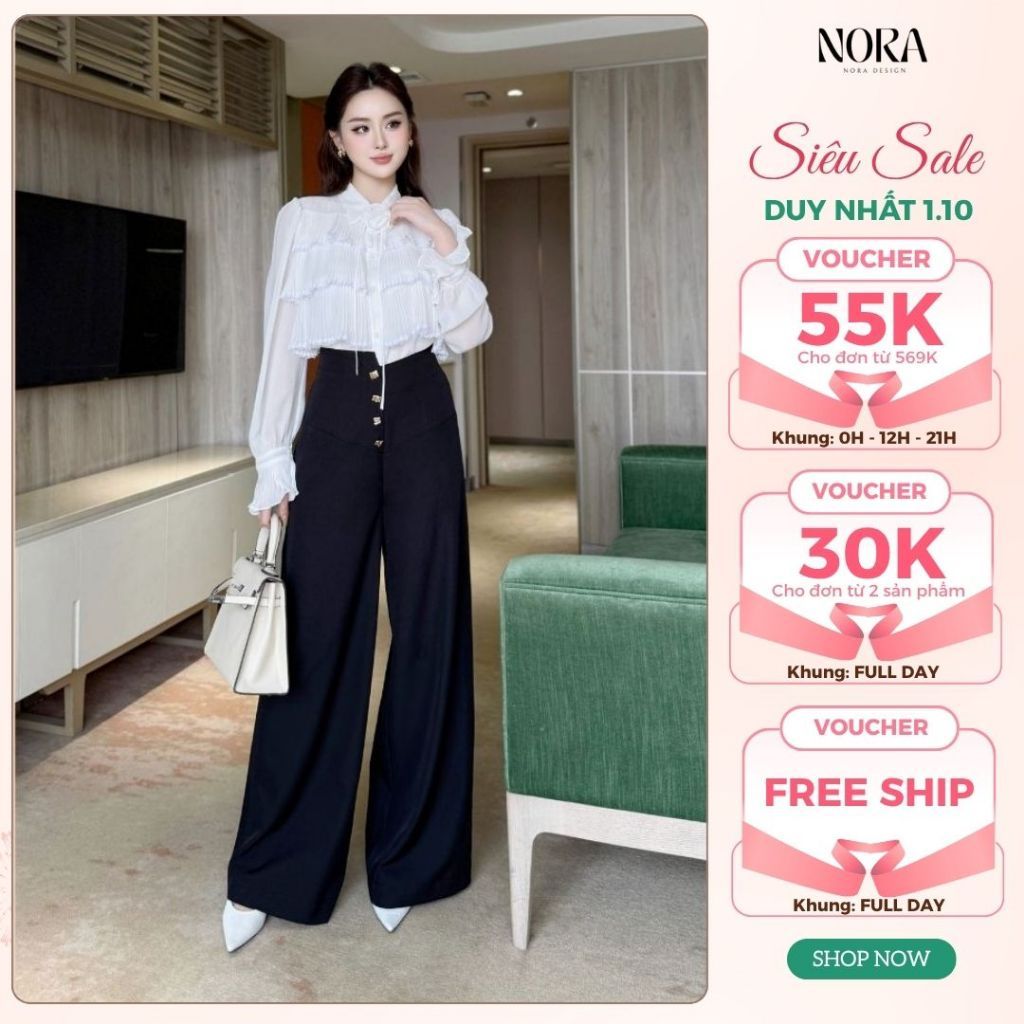 Set Đồ Thiết Kế Công Sở NORA - Áo Dài Tay Chất Chifon Mềm Dập Li Kèm Hoa Nổi Bật, Quần Dài Ống Suông Chất Chéo Hàn S925