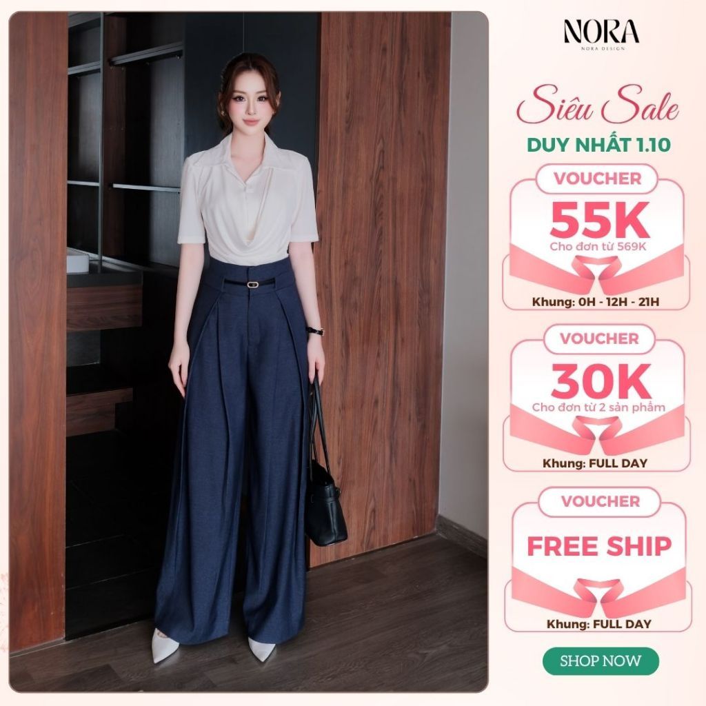 Set Bộ Công Sở Thanh Lịch NORA, Áo Thun Cổ Đức Đổ Rủ, Quần Ống Rộng Bò Lụa Cạp Cao Kèm Đai A1116+Q1118