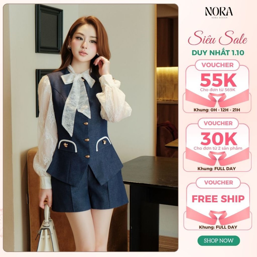 Set Bộ Công Sở Cao Câp NORA, Áo Sơ Mi Ren Phối Tơ Kèm Áo Gile Đính Cúc, Quần Short Chất Bò Lụa Thanh Lịch A1137+S1137