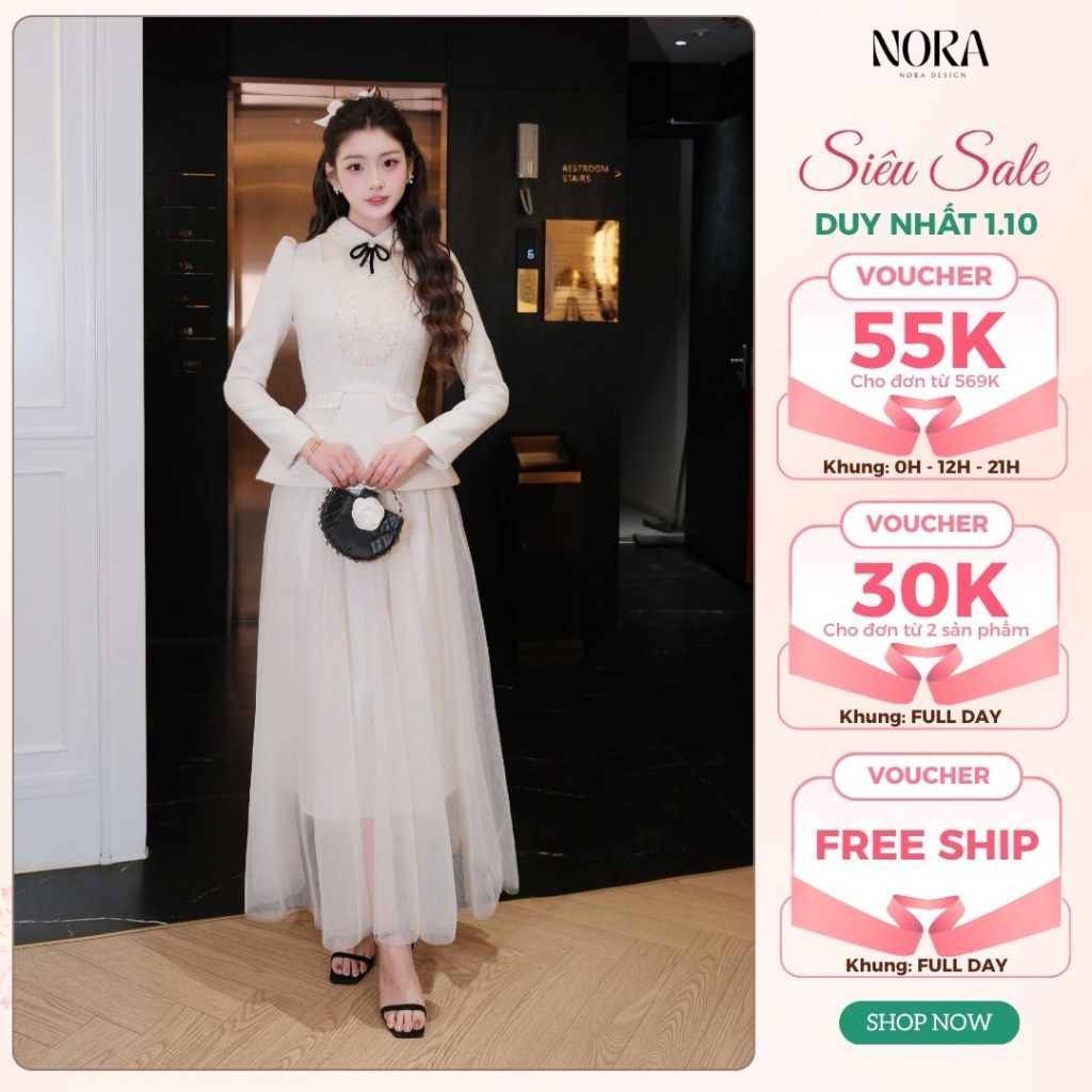 Set Váy Tiểu Thư Thiết Kế NORA, Áo Dạ Dáng Peplum, Cổ Phối Ren, Chân Váy Lưới Dài Cao Cấp Mặc Tết Siêu Xinh S1057