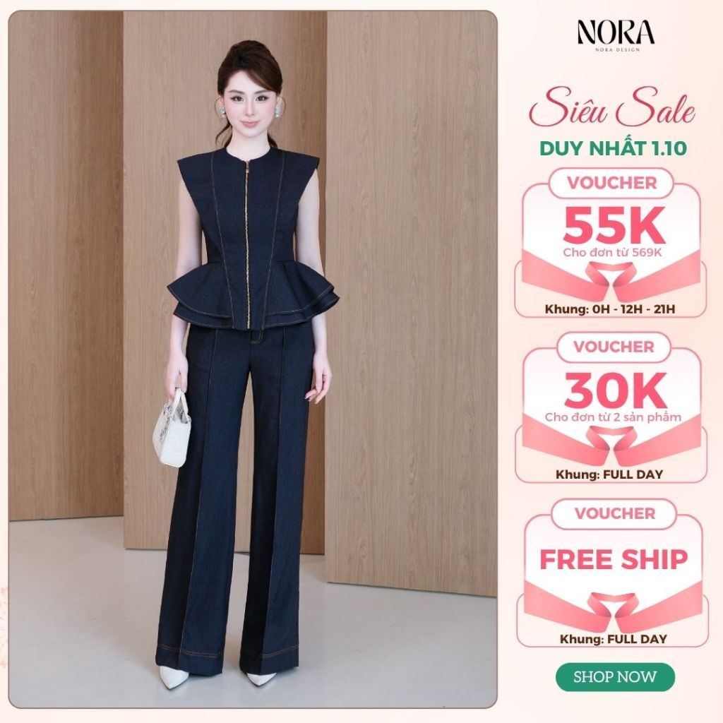 Set Bò Lụa Công Sở Cao Cấp NORA, Áo Peplum Cổ Tròn Khóa Kéo Đồng Kèm Quần Ống Rộng Tôn Dáng A1138+Q1108