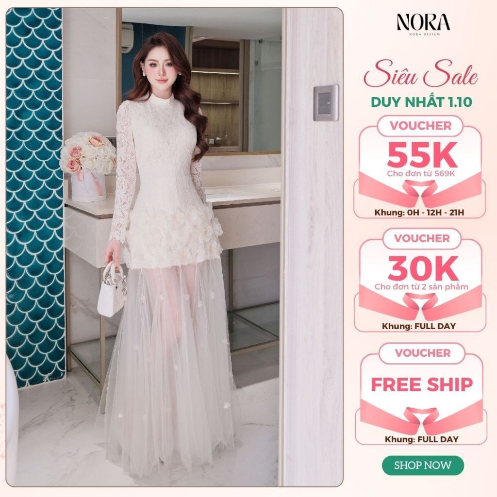 Đầm Dự Tiệc Thiết Kế Dáng Dài NORA, Váy Ren Cao Cấp Phối Lưới Đính Hoa Nổi Xòe Bồng Tiểu Thư Sang Trọng V1438
