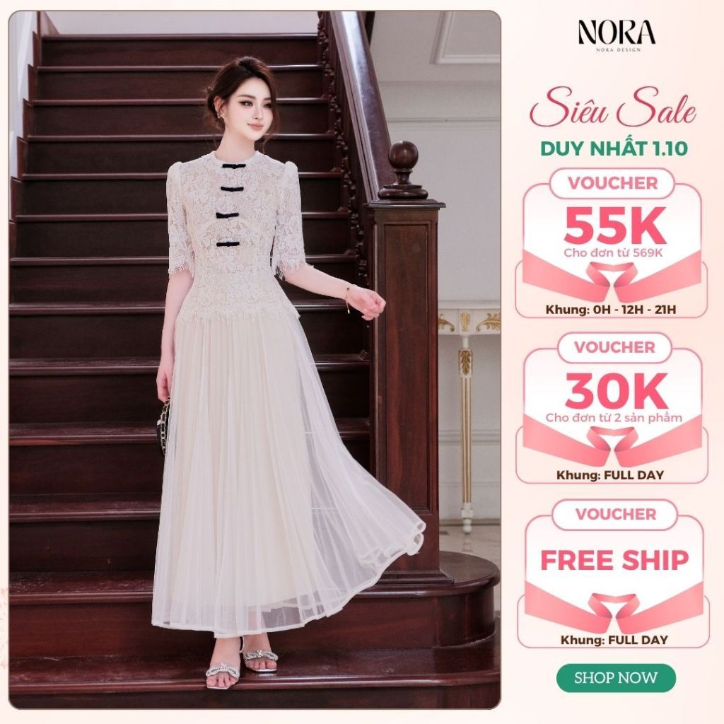 Set Váy Tiểu Thư Sang Chảnh NORA, Áo Ren Cao Cấp Nơ Nhung Phối Chân Váy Lưới Dài Thanh Lịch A1091+CV1082