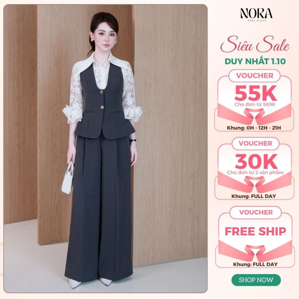 Set Quần Áo Công Sở Sang Chảnh NORA, Áo Sơ Mi Ren Kèm Áo Gile Peplum, Quần Ống Rộng Trượt Nhật Cao Cấp A1135+S1136