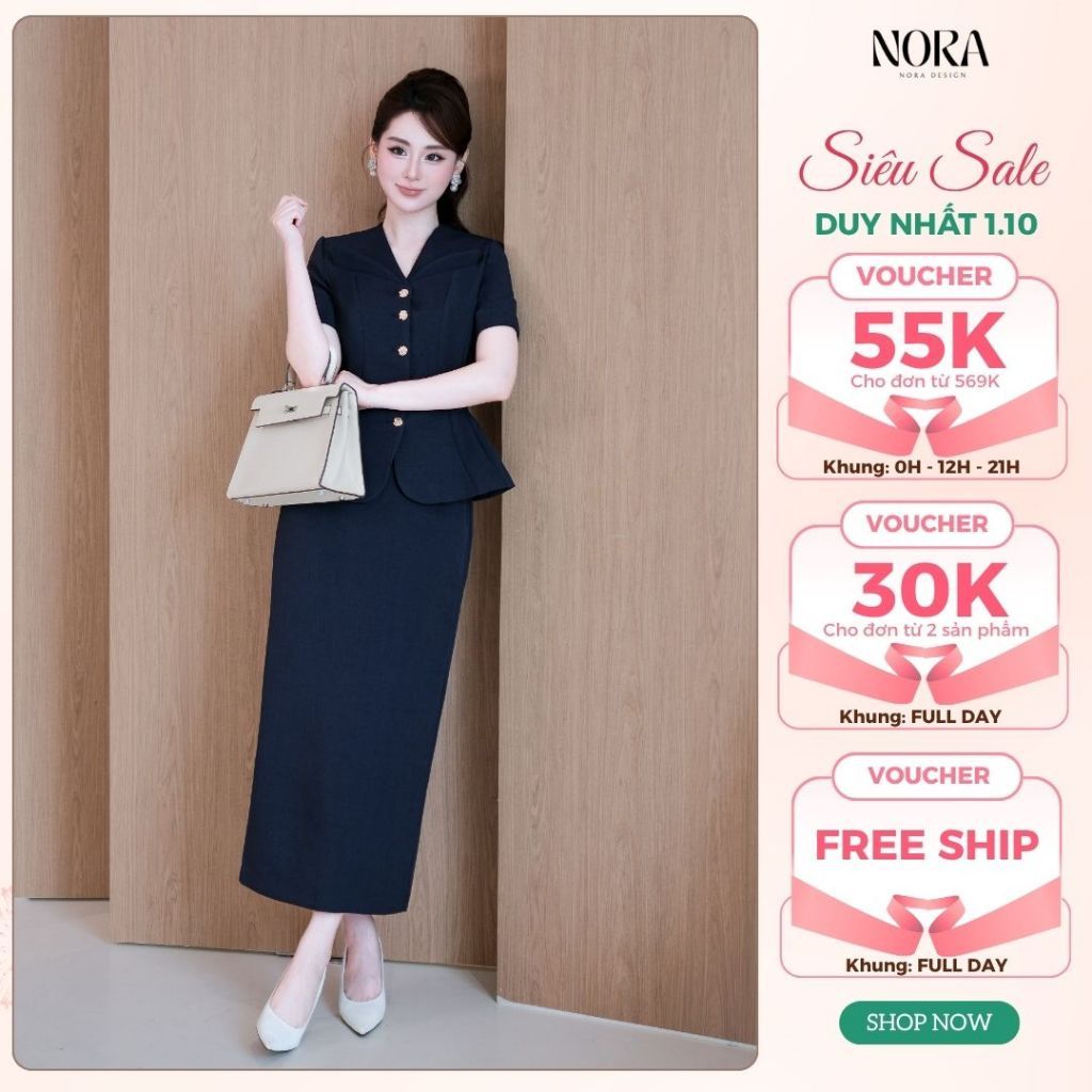 Set Váy Công Sở Cao Cấp NORA, Áo Peplum Cổ Đan Tông Đính Cúc Kim Loại Kèm Chân Váy Bút Chì Suông Dài S1134
