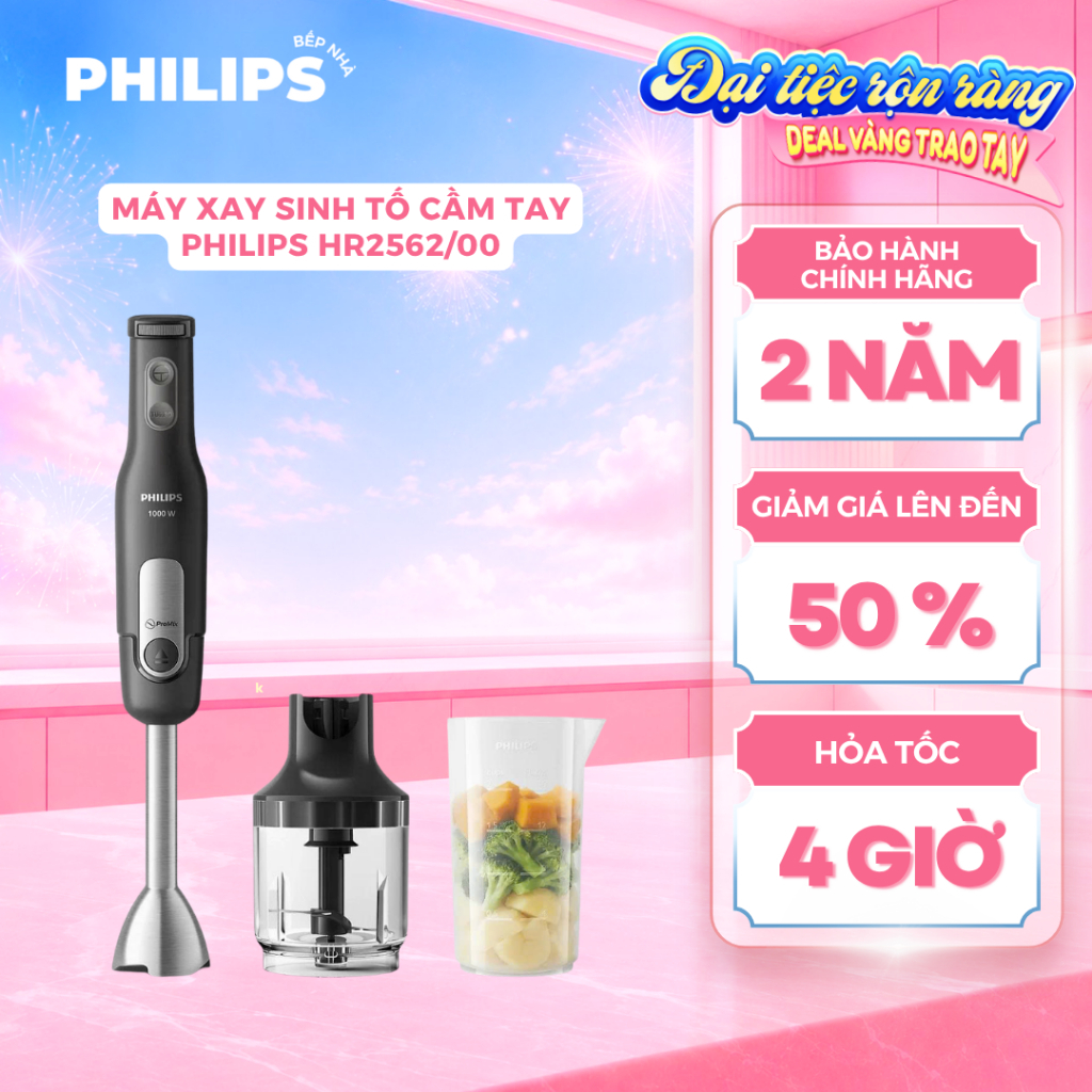 Máy Xay Sinh Tố Cầm Tay Philips HR2562/00 (1000W) Máy Xay Mini, Xay Đồ Ăn Dặm, Trái Cây Mềm - Thanh Máy Inox