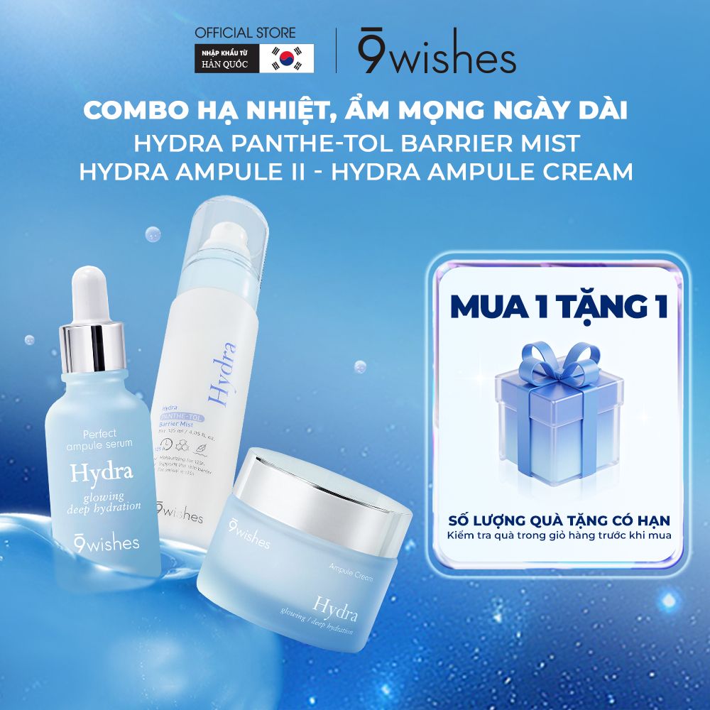 COMBO 9Wishes CĂNG BÓNG SUỐT NGÀY DÀI: Serum Hydra II 30ml + Kem dưỡng Hydra 50ml + Toner Hydra 210ml/ Xịt cấp ẩm 120ml