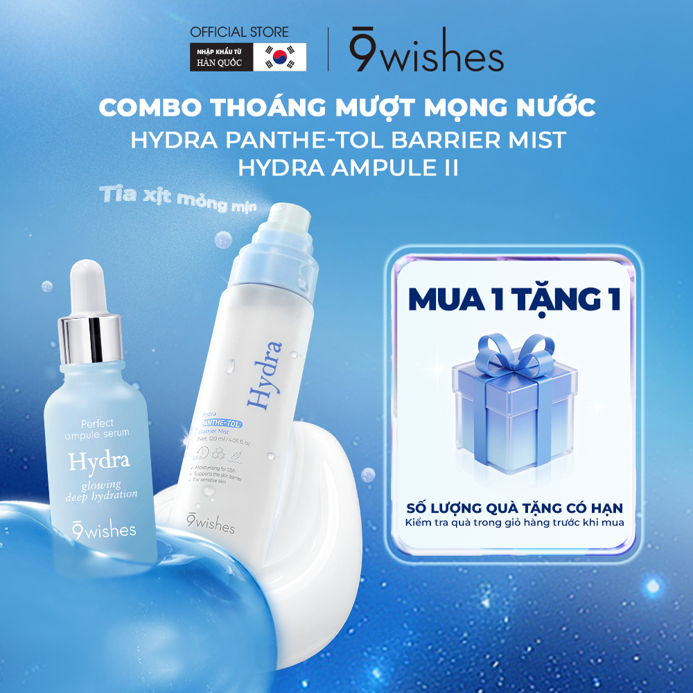 COMBO 9Wishes DA CĂNG MỌNG NƯỚC: Tinh chất Hydra Ampule II 30ml và Nước hoa hồng Hydra 210ml/ Xịt dưỡng ẩm Hydra 120ml