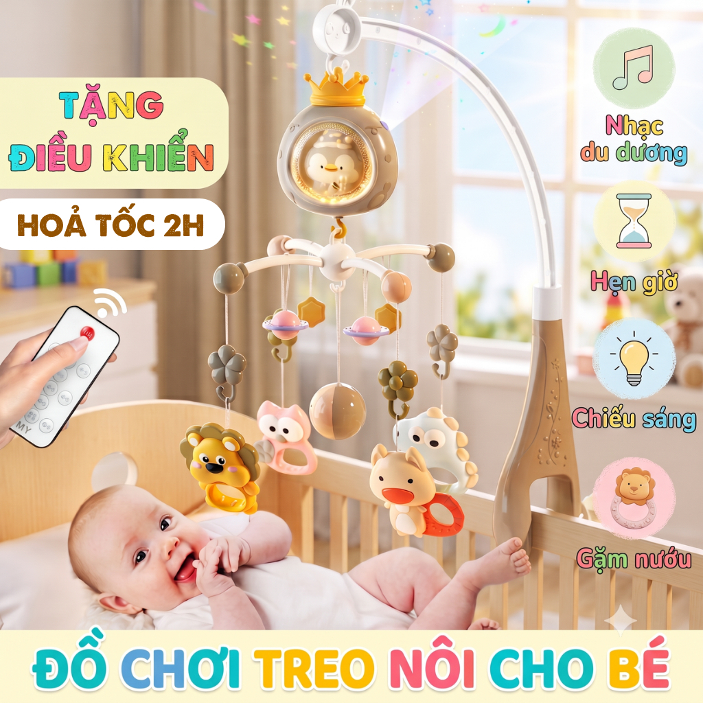 Đồ chơi treo nôi cũi kèm gặm nướu cho bé sơ sinh xoay 360 kích thích thị giác có hộp nhạc TẶNG điều khiển, chế độ tự tắt