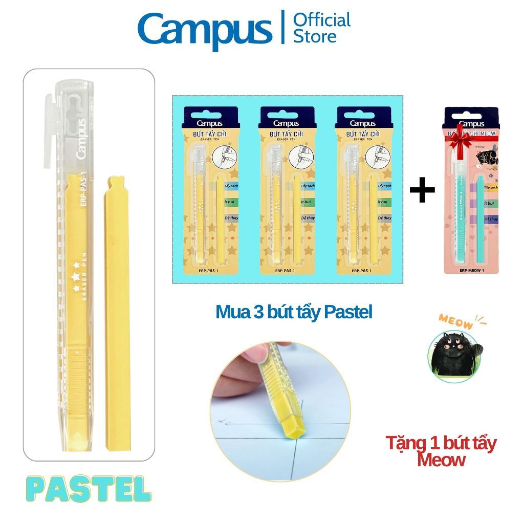 (Mua 3 tặng 1) Bút Gôm Tẩy Bút Chì Campus Pastel Meow đầu tẩy vuông 7mm tẩy sạch Chính Hãng Thương Hiệu Nhật