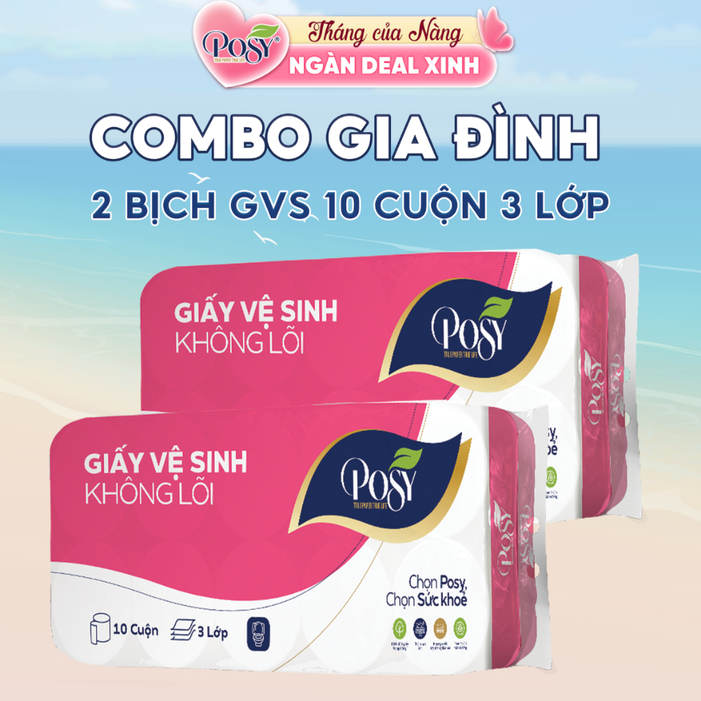 [COMBO GIA ĐÌNH]  - 2 bịch Giấy vệ sinh Posy 10 cuộn 3 lớp không lõi/có lõi mềm, DỄ TAN TRONG NƯỚC