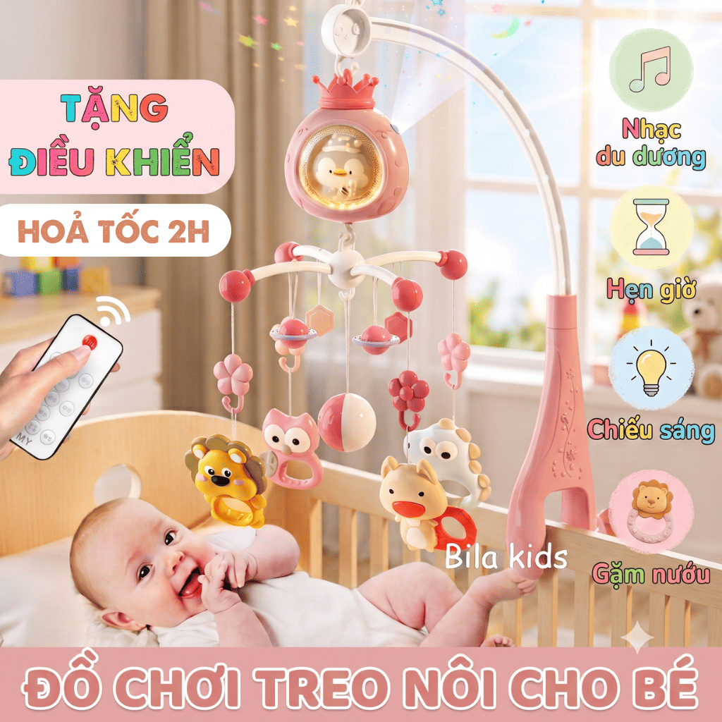 Đồ chơi treo nôi cũi cho bé sơ sinh TẶNG ĐIỀU KHIỂN kèm gặm nướu  có hộp nhạc xoay 360 độ chế độ hẹn giờ tự tắt
