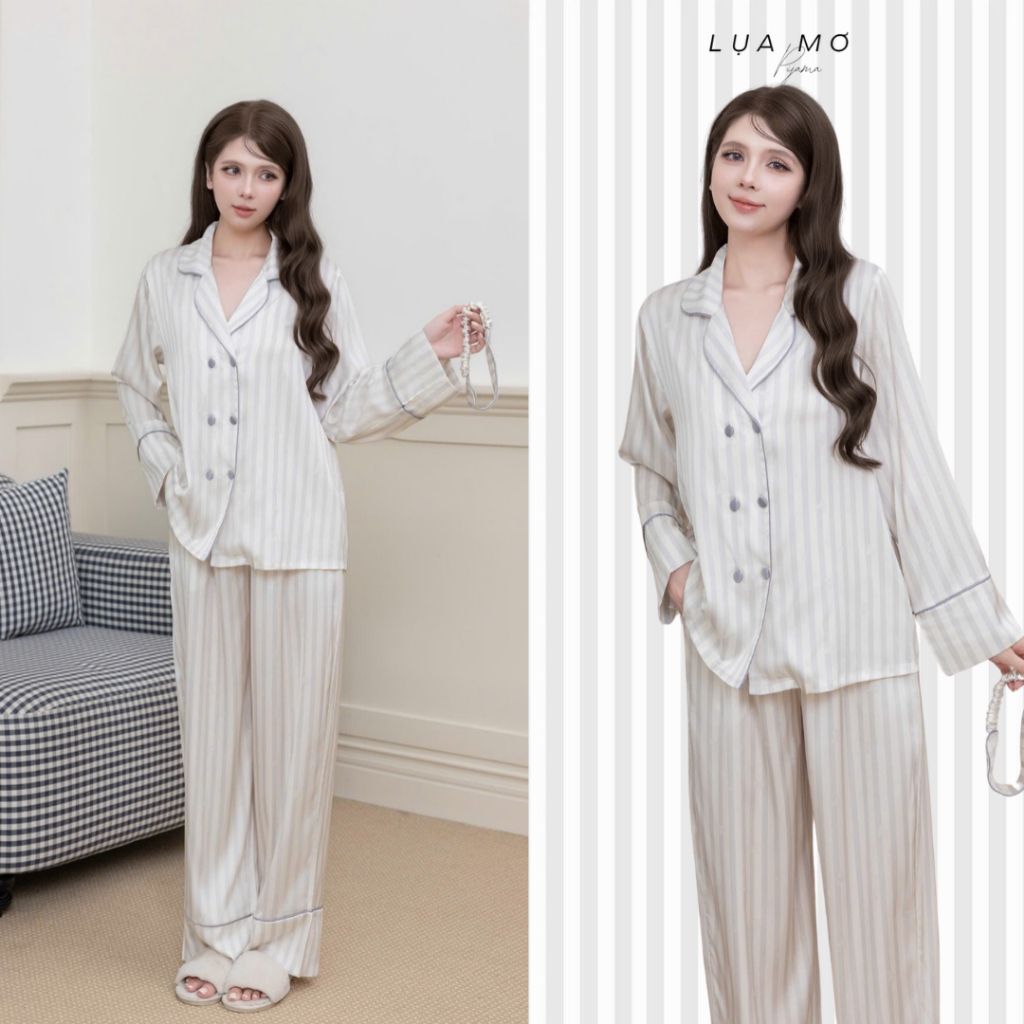 Pijama Tiểu Thư Form Vest Họa Tiết Sọc Ghi Tặng Bịt Mắt Vải Lụa Latin Cao Cấp - Đồ Bộ Lụa Mơ LM1002