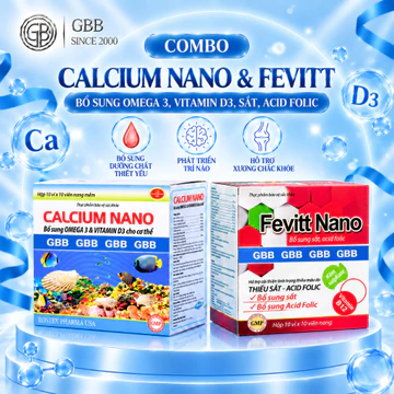 Combo viên uống sắt Fevitt Nano và Calcium hô trợ bổ sung sắt và canxi cho cơ thể ( Hộp 100v)