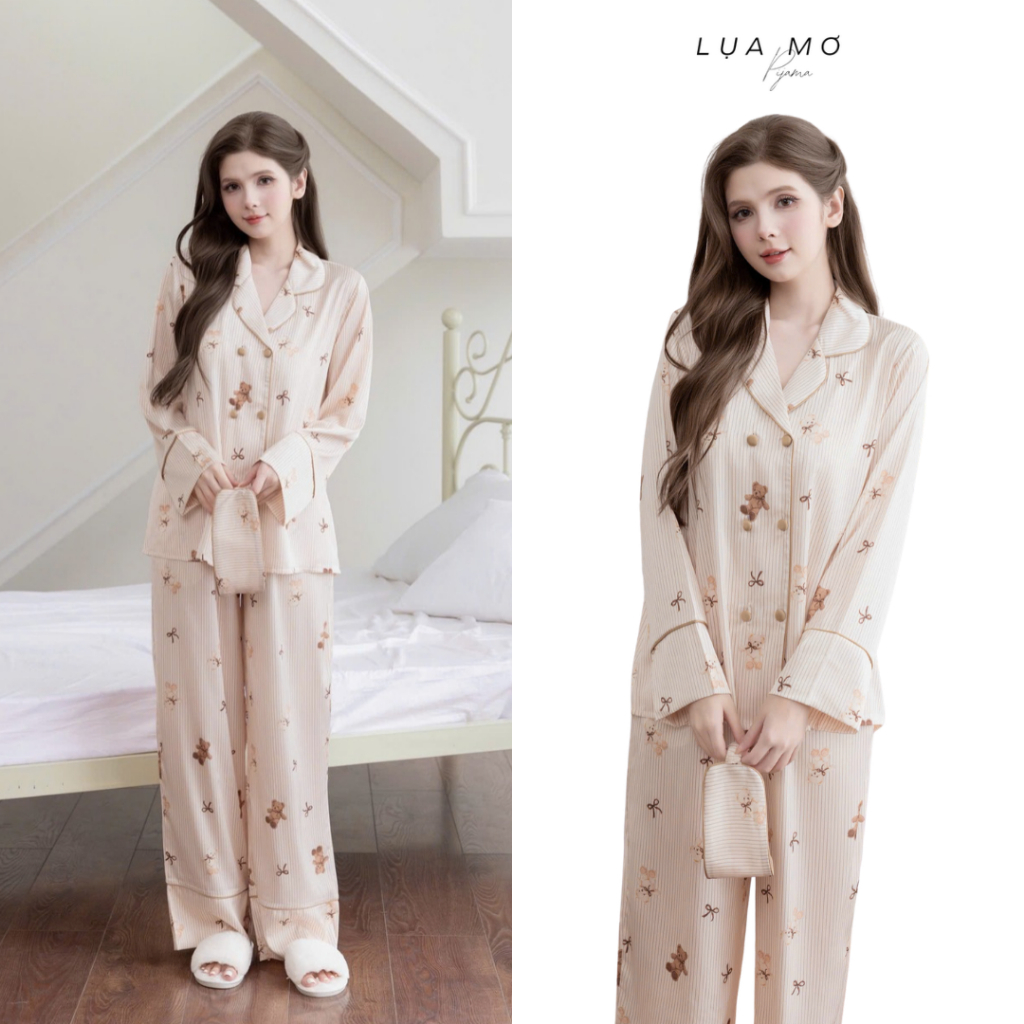 [Đặt trước] Pijama Tiểu Thư Form Vest Họa Tiết Teddy Nơ Tặng Bịt Mắt Vải Lụa Latin Cao Cấp - Đồ bộ Lụa Mơ LM1006