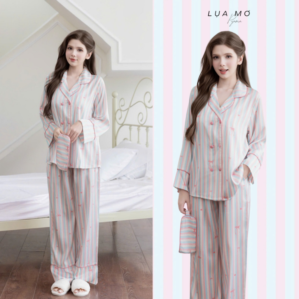 Pijama Tiểu Thư Form Vest Họa Tiết Kẹo Bông Tặng Bịt Mắt Vải Lụa Latin Cao Cấp - Đồ bộ Lụa Mơ LM1009