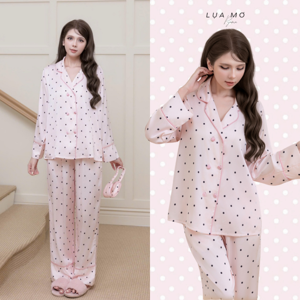 Pijama Tiểu Thư Form Vest Họa Tiết Hồng Bi Tặng Bịt Mắt Vải Lụa Latin Cao Cấp - Đồ Bộ Lụa Mơ LM1011