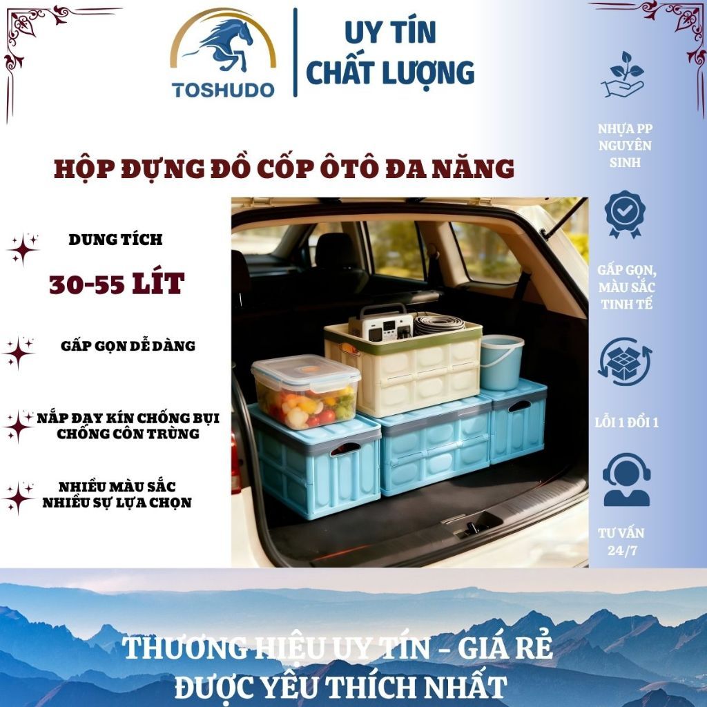 Hộp Đựng Đồ Để Cốp Xe Ô Tô Có Túi Lót Chống Thấm , Có Thể Gấp Gọn Dung Tích 55Lít  Và 30Lít