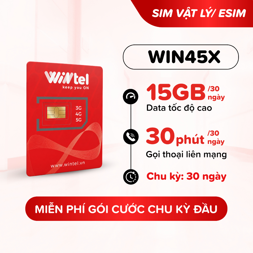 SIM 4G Wintel WIN45X - SIM Data Tốc Độ Cao Kèm Ưu Đãi Gọi Miễn Phí - Miễn Phí Gói Cước Tháng Đầu