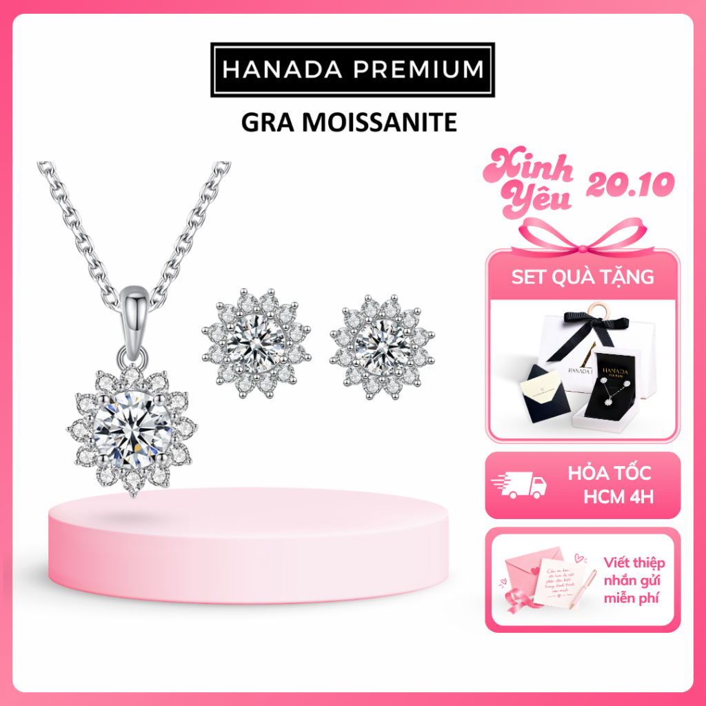 [CHỨNG NHẬN GRA] Bộ Trang Sức Đá Moissanite Bạc 925 Hoa Hướng Dương, Bộ Quà Tặng Hanada 1715 1883 A7+E2