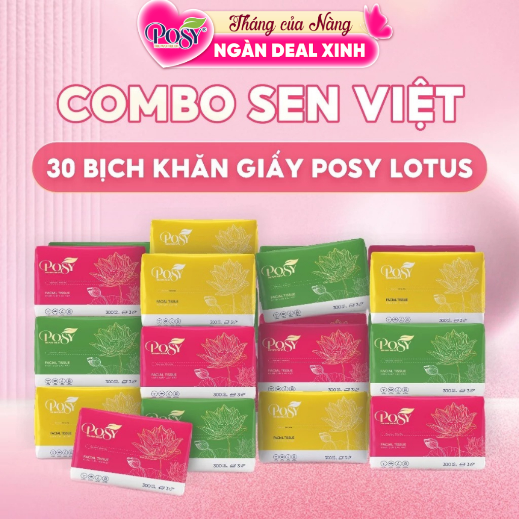 THÙNG 30 GÓI GIẤY ĂN RÚT CAO CẤP POSY - COMBO SEN VIỆT 30 GÓI 300 TỜ 3 LỚP DÀY DẶN, MỀM MỊN