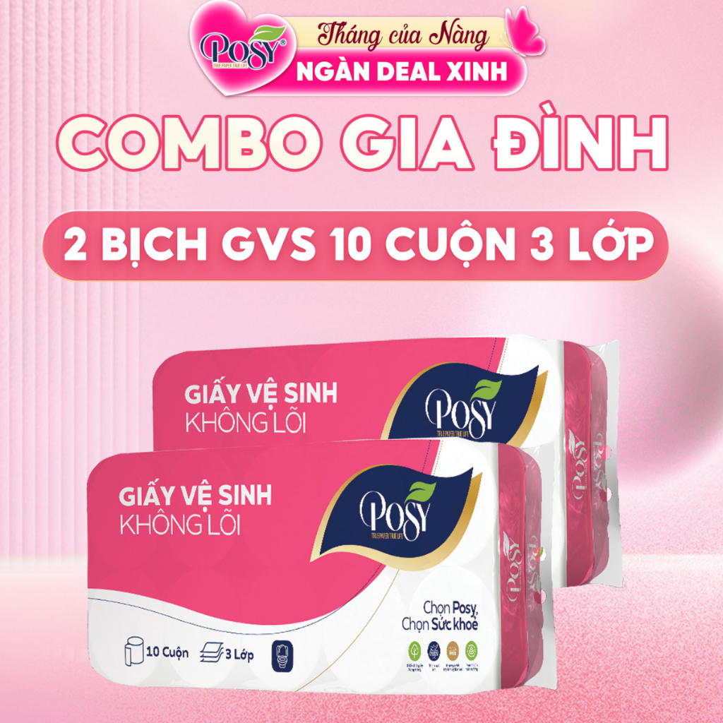 COMBO GIA ĐÌNH - 2 bịch Giấy vệ sinh Posy 10 cuộn 3 lớp không lõi - có lõi mềm mịn, dễ tan trong nước