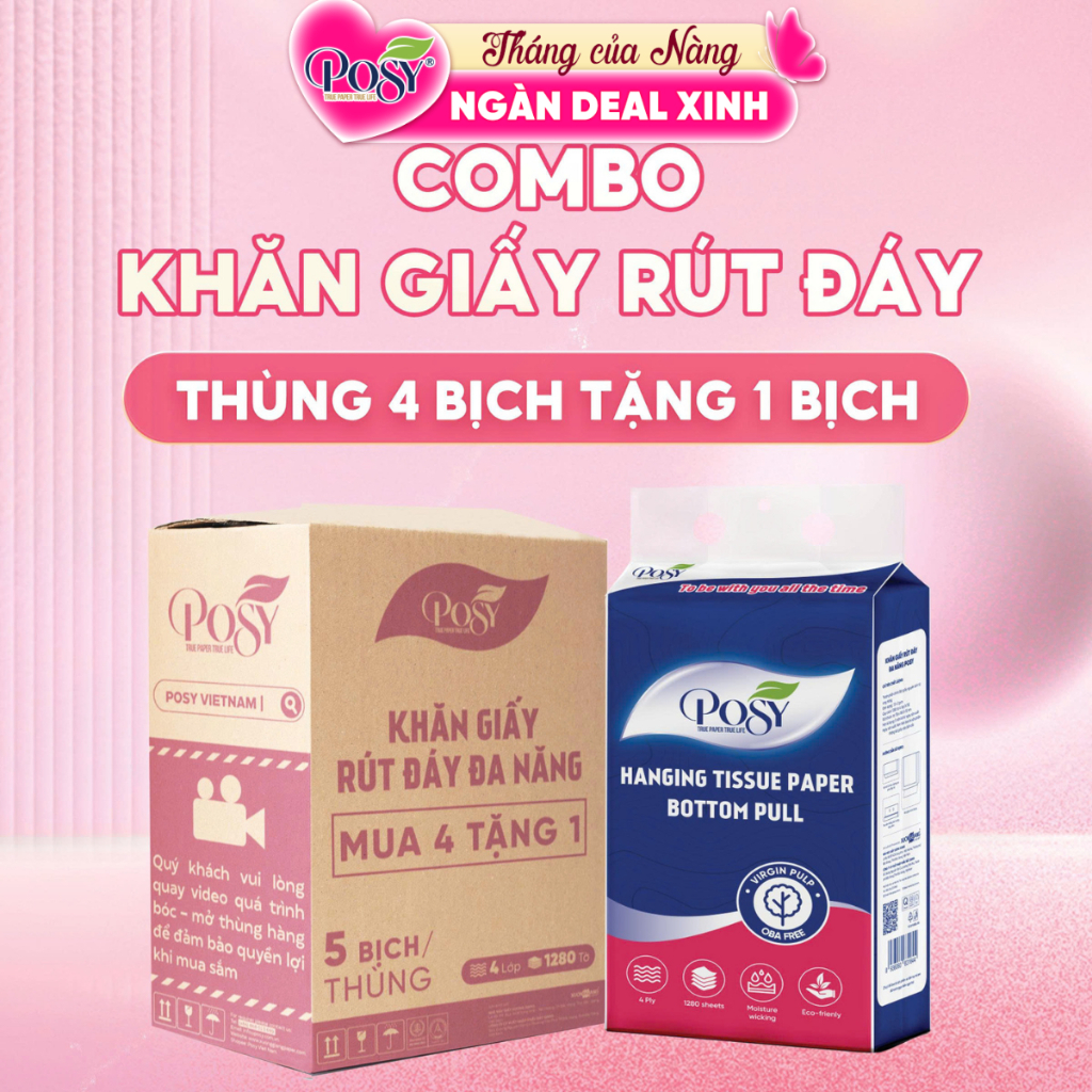 [DEAL CHỚP NHOÁNG]_COMBO THÙNG 5 BỊCH GIẤY RÚT ĐÁY POSY ĐA NĂNG 1280 TỜ 4 LỚP MỀM MỊN TIẾT KIỆM