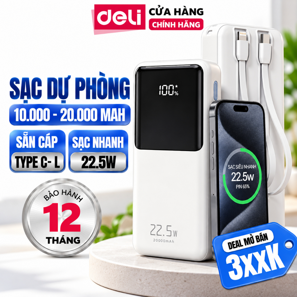 Pin Sạc Dự Phòng Deli 10000mAh 20000mAh Powerbank 22.3W TypeC USB Sạc nhanh Powerbank cho iphone samsung vivo oppo