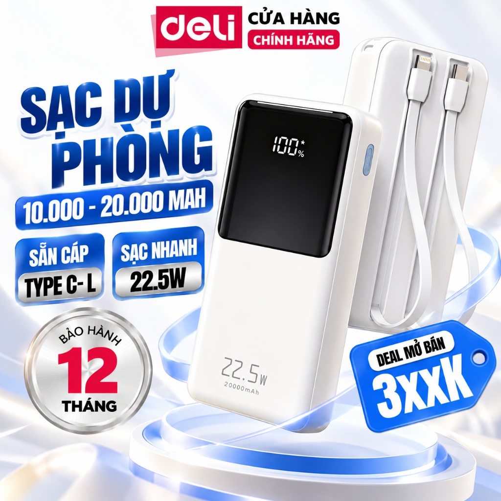 Pin Sạc Dự Phòng 20000mAh DELI PD 22.5W Kèm Dây Sạc USB Type C Sạc Nhanh Cho Quạt Điện Thoại Pad