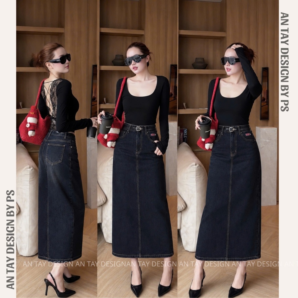 Chân Váy Jean Nữ Dáng Suông Dài 85–90cm Xẻ Sau Mác Đỏ Nâu AN TÂY #8510 #8400 – Váy Bò Form Đẹp Tôn Dáng