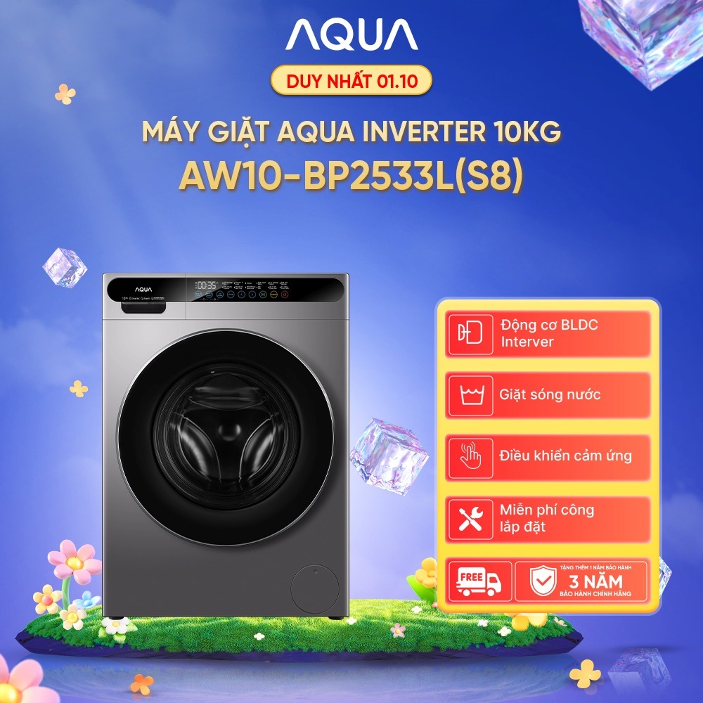 [SALE 7.7] Máy giặt cửa trước AQUA Inverter 10kg AW10-BP2533L(S8) - Bảo hành 2 năm - Freeship toàn quốc
