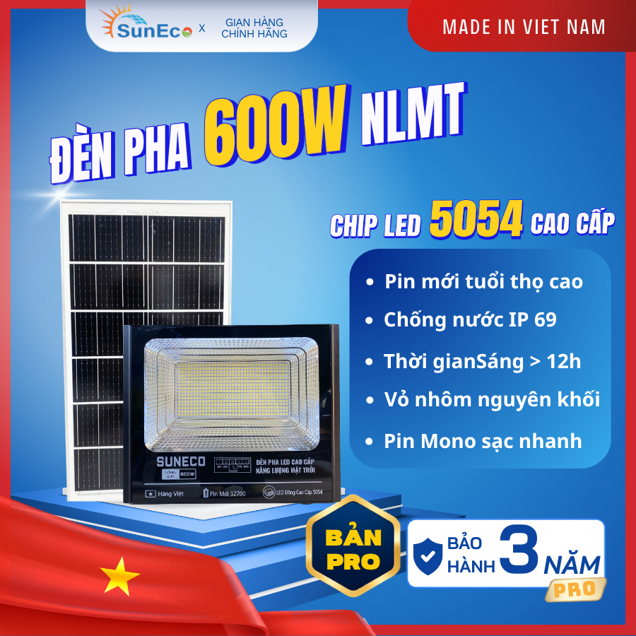 Đèn pha năng lượng mặt trời 600W PRO SUNECO - Vỏ nhôm đúc nguyên khối, Chống nước IP69, Bảo Hành Chính Hãng
