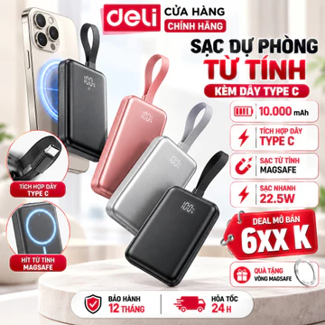 Sạc Dự Phòng Không Dây Sạc Nhanh 22,5W DELI 10000mAh Pin Sạc Dự Phòng Từ Tính Cho Đồng Hồ Điện Thoại