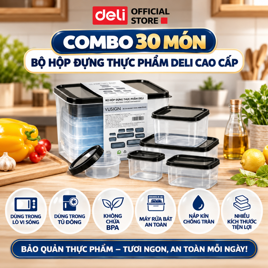 [BÁN CHẠY] COMBO 30 Hộp đựng thực phẩm DELIxVUSIGN đủ size từ 250 - 1500ml dùng cho lò vi sóng, tủ lạnh