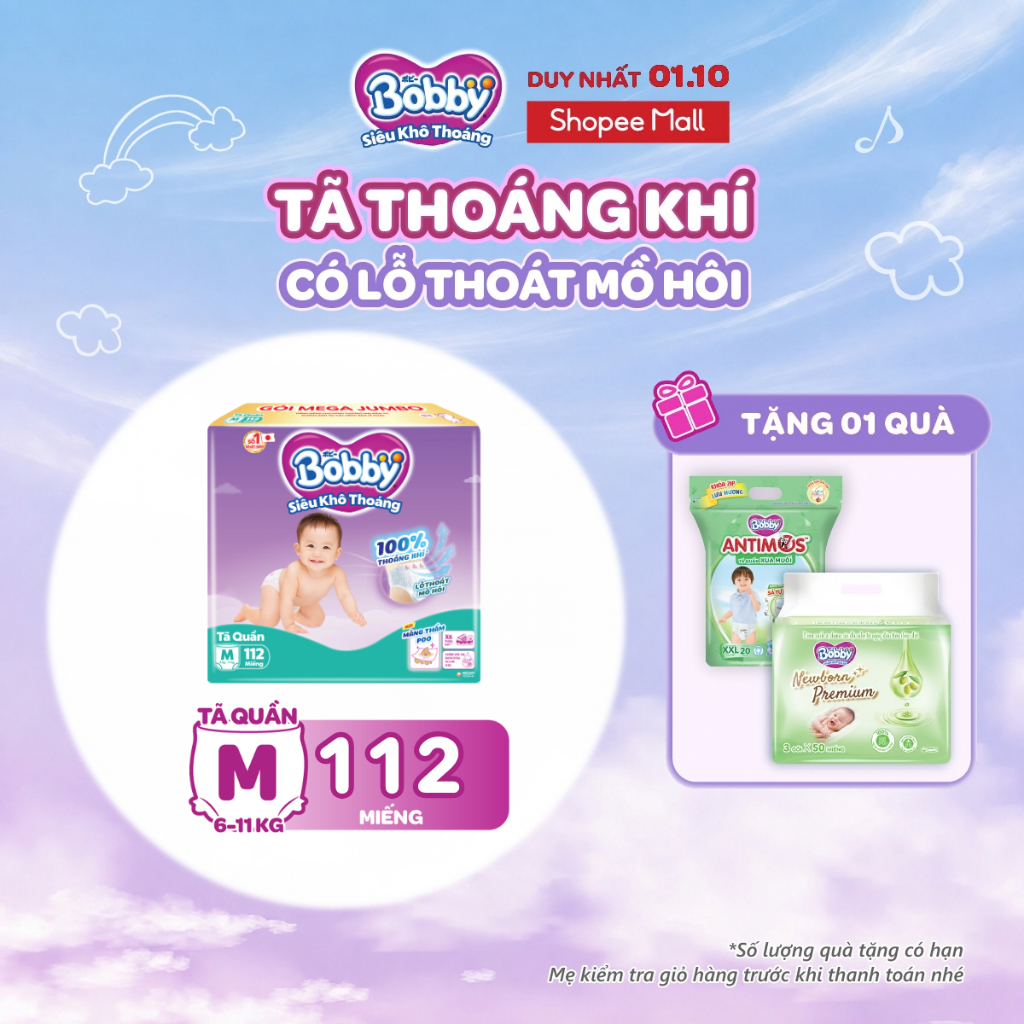 [TẶNG MIẾNG NGẪU NHIÊN] Tã quần Bobby Khô Thoáng - 100% Thoáng Khí Mega Jumbo  M112/L96/XL84/XXL76