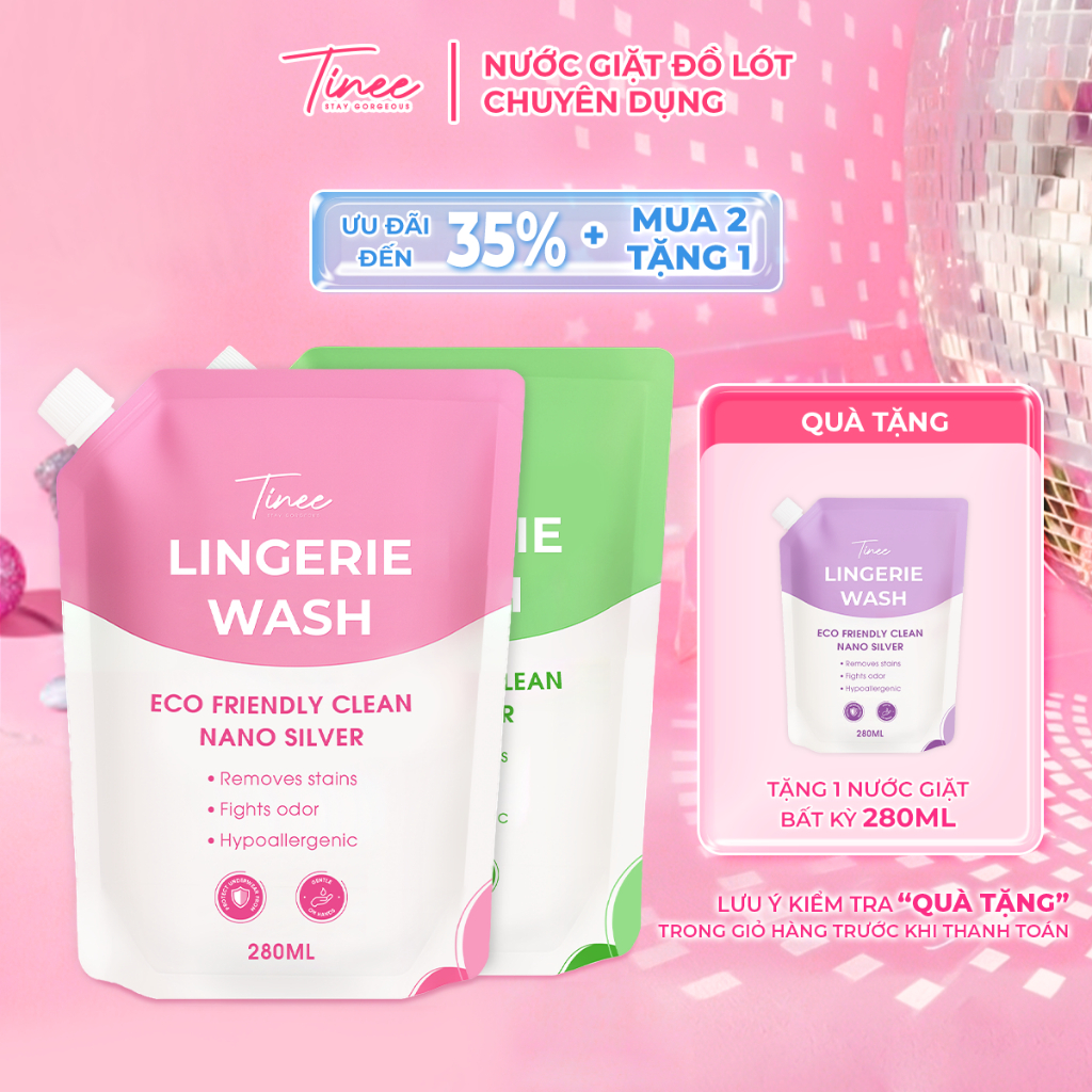 [MUA 2 TẶNG 1] Túi refill - Nước Giặt Đồ Lót Chuyên Dụng Tinee 280ml Nano Bạc Hạn Chế Nấm Khuẩn