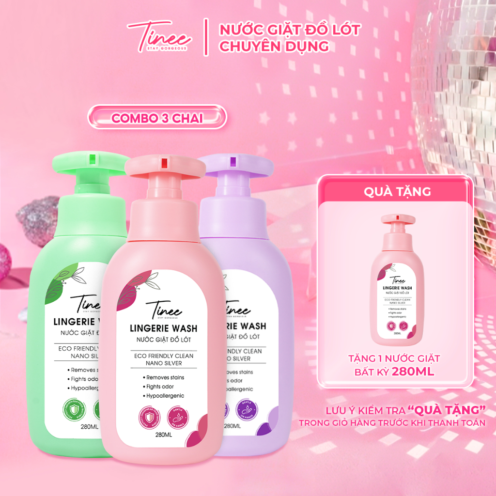 Combo 3 Nước Giặt Đồ Lót Chuyên Dụng Tinee - Nano Bạc Hạn Chế Nấm Khuẩn, an toàn cho da (280ml/Chai)
