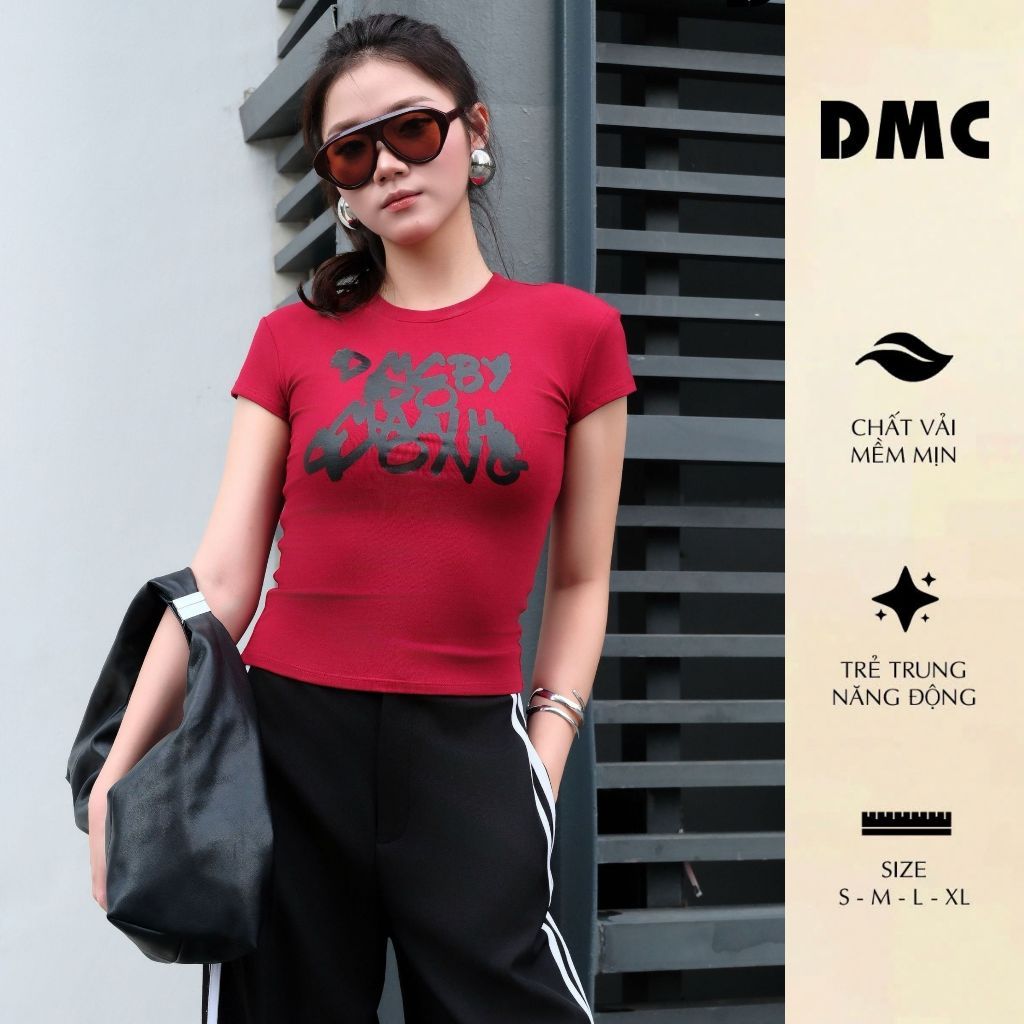 DMC Áo Phông Nữ Ngắn Tay Cổ Tròn In Họa Tiết Logo - Red Cotton Tshirt EC2