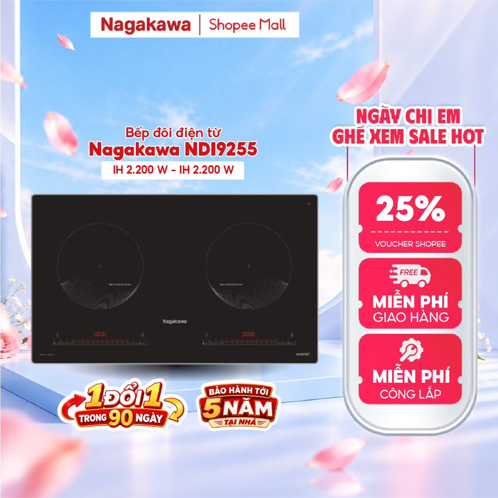 Bếp Từ Đôi Nagakawa NDI9255/9252 4400W Inverter - Booster Nấu Nhanh - Kính Kanger - 12 Mức Công Suất
