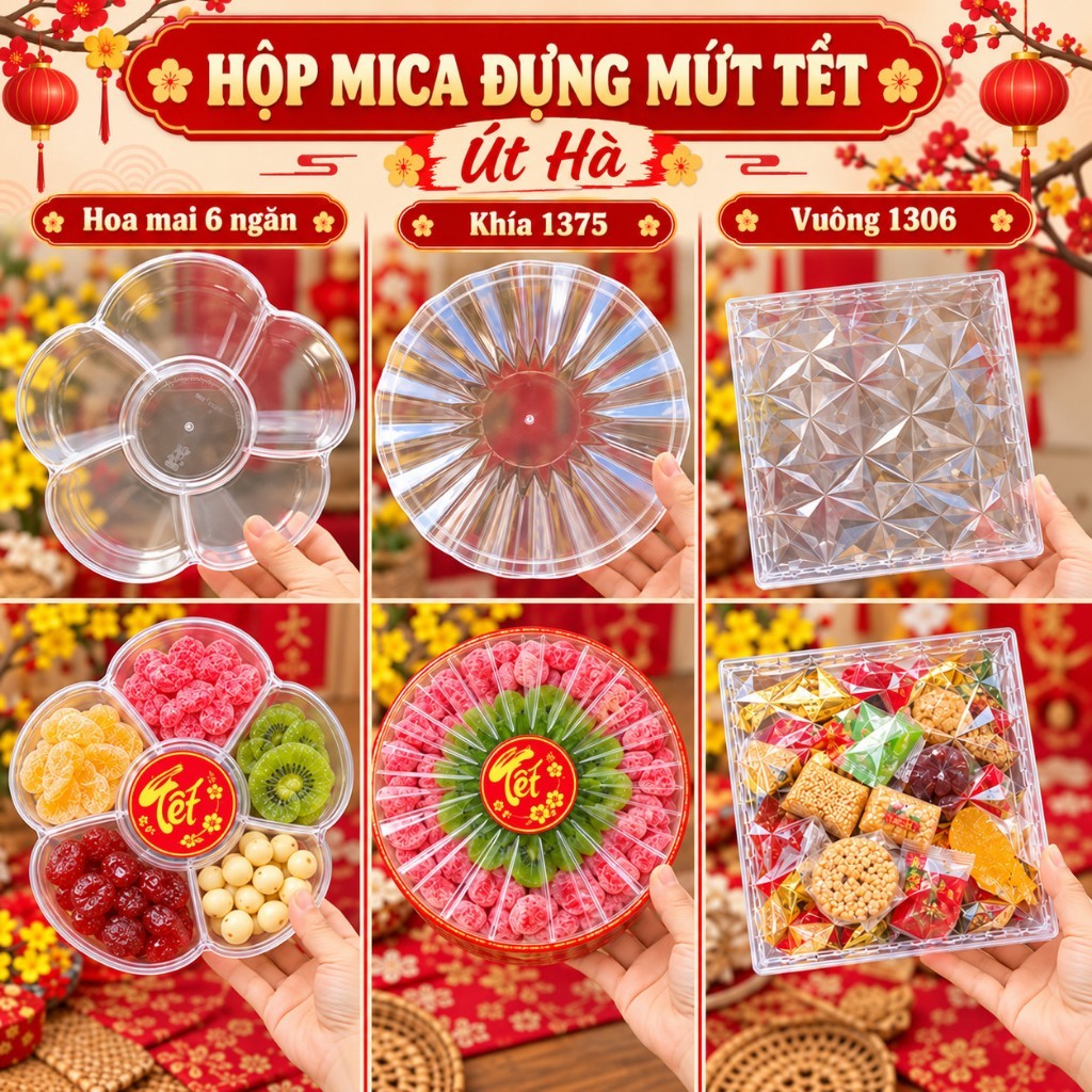 🎊 [RẺ NHẤT] 5 Hộp Mica Đựng Mứt Tết Trong Suốt | Hoa Mai 6 Ngăn, Hộp Khía 1375, Hộp Vuông 1306 | Đựng Bánh Kẹo Hạt