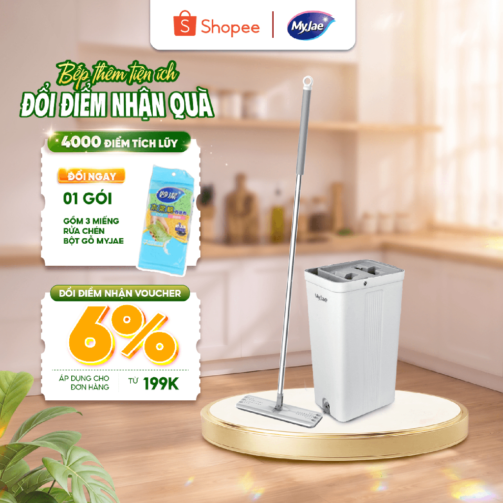 Cây lau nhà tự vắt thông minh xoay 360 độ MyJae kèm thùng 2 ngăn sàn nhà sạch nhanh khô thoáng