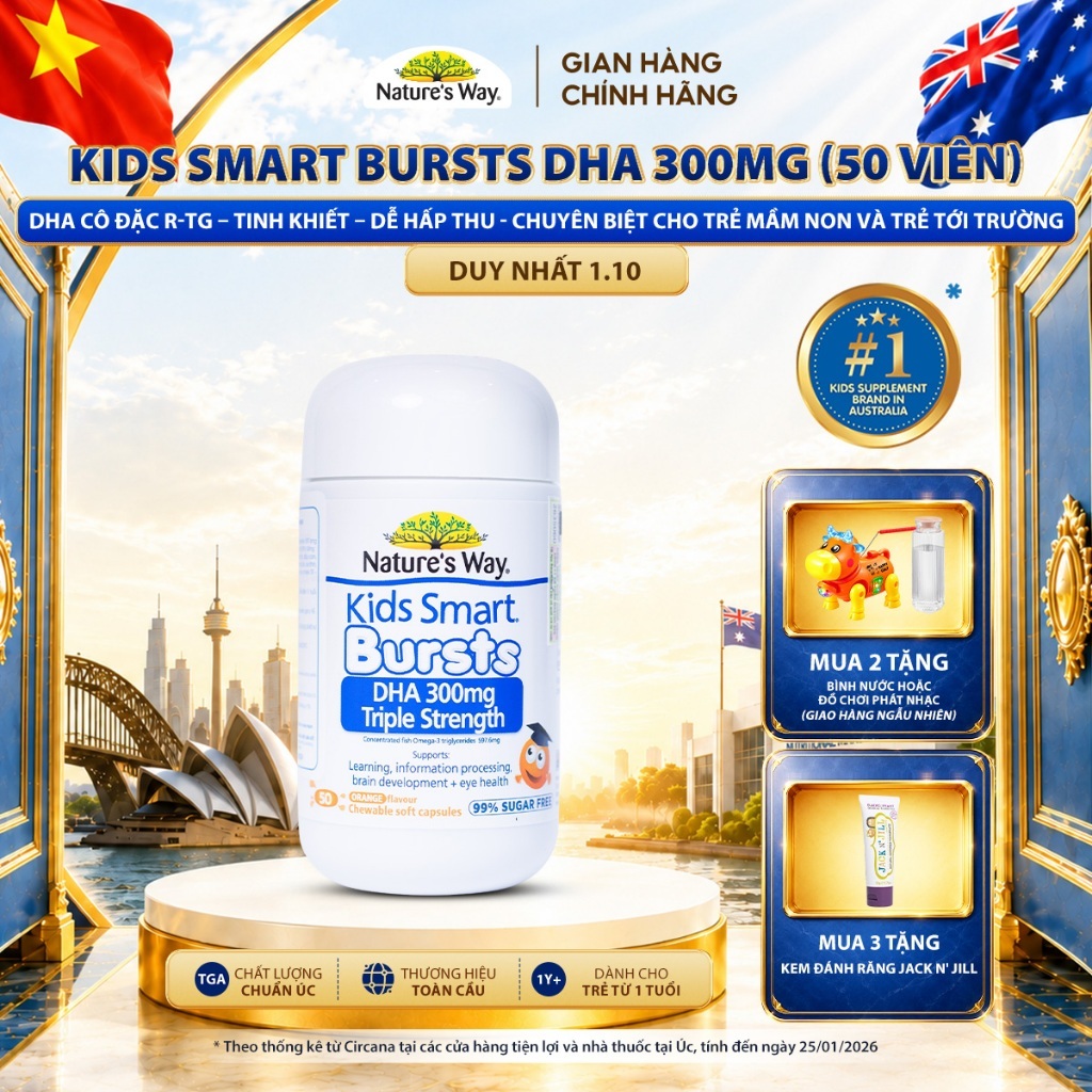 DHA 300mg Nature's Way Kids Smart Triple Strength Bổ Sung DHA Hàm Lượng Cao, Omega 3 RTG Cô Đặc Cho Bé 50 Viên