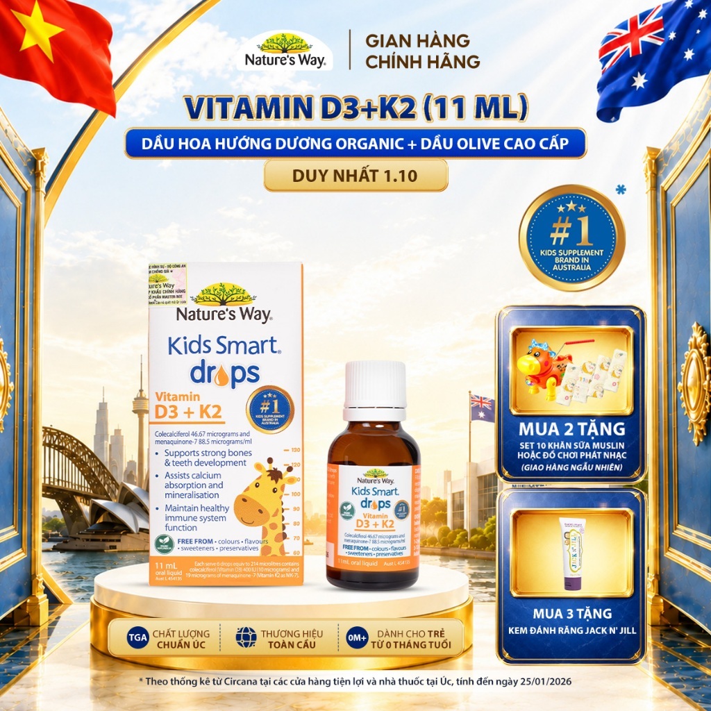 Vitamin D3K2 Nature's Way, Với Dầu Hoa Hướng Dương Organic, Giúp Bổ sung Vitamin D3, K2-MK7 Cho Trẻ Sơ Sinh Hộp 11ml